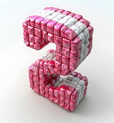 3D rendering of only number 2 made of white and Red squares on full white background High quality photo