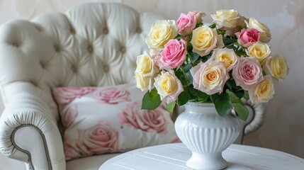 Poster - Pink and yellow roses in a contemporary white vase next to a traditional armchair on a white table