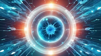 Wall Mural - A stunning digital illustration of a glowing atom surrounded by energy bursts, showcasing a futuristic and scientific theme with vibrant blue and orange hues created with generative ai