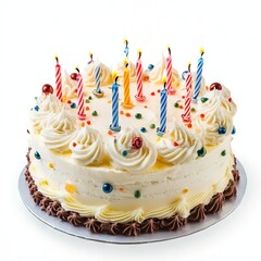 Wall Mural - colorful birthday cake with candles. isolated on white background