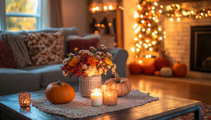 Autumn cozy home decoration, interior with candles, pumpkins and flowers on the table