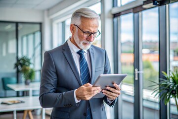 Senior businessman working on tablet in office