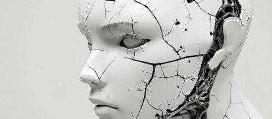 Wall Mural - abstract white robot head featuring cracks rendered in 3d isolated on a white background