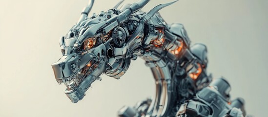 Wall Mural - close up view of a mechanical dragon standing upright featuring ample copy space 3d illustration