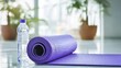 © Larisa - Purple yoga mat and bottle on floor, indoor setting, serene vibe
