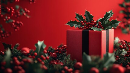 A festive red gift box adorned with holly and berries, set against a red backdrop.