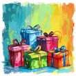 © LittleDreamStocks - Colorful illustration of birthday presents with a stylized 'Happy Birthday' inscription.