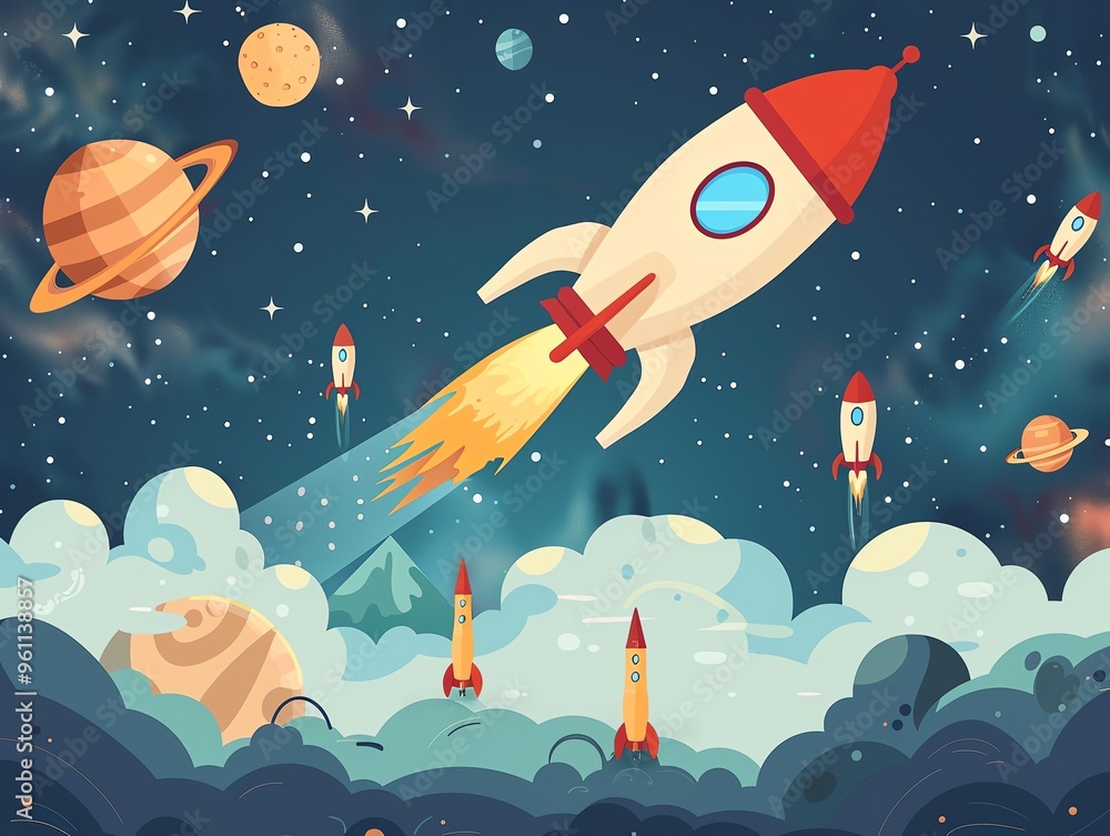 Cartoon rocket flying through space with planets and stars. Stock ...