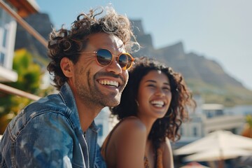 oyful couple enjoying a sunny day outdoors. Their wide smiles and casual attire evoke a sense of friendship, happiness, and vacation vibes