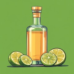 Wall Mural - A bottle of tequila and limes on the table