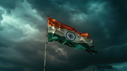 A beautiful Indian flag waving in the wind with dark storm clouds in the background. A cinematic shot. The Indian tricolour is orange, white and blue.