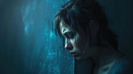 A woman with a sad expression stands in front of a blue, blurry background. Her face is illuminated by a soft light.