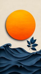 Wall Mural - tranquil sunset view in doodle-style retro vintage art with sharp clarity and defined light focus