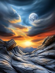 Wall Mural - Majestic Sunset Glow on Textured Rock Formations - Tilt Perspective Digital Art with Clear Light and Sharp Detailing for Inspirational Mood