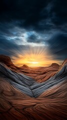 Wall Mural - Majestic Sunset Rays Illuminating Rock Formations in Panini Projection Doodle Style, Creating a Tranquil Mood with Clear Light and Sharp Focus
