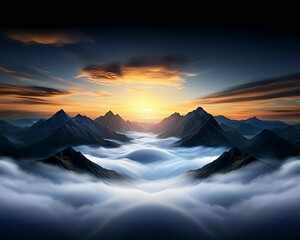 Wall Mural - Immersive Sunset Glow on Majestic Mountains - First Person Perspective with Vivid Light and Defined Focus