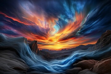 Wall Mural - Vibrant Sunset Illuminating Rock Formations in High Detailed Digital Painting
