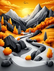 Wall Mural - Illuminated Wilderness - Vivid Sunset Isometric Fantasy Digital Painting with High Detail and Clear Focus