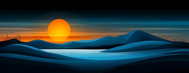 Wall Mural - Serene Golden Hour Sunset in Vintage Retro Doodle Style with High Detail Clarity and Sharp Focus Tilt Perspective