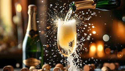 Celebration of Joyful Moments Captured in Champagne Explosions and Toasting Glasses