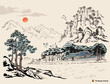 © YOUSUK - Beautiful Korea, tranquil nature landscape with sunrise and Hanok, ink painting, Korean traditional painting vector illustration.