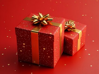 Two beautifully wrapped red gifts with golden bows on a festive background.