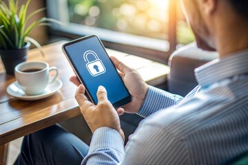 Man checking phone security settings in cafe