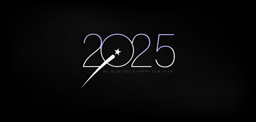 Wall Mural - Elegant lettering of Happy New Year 2025 set against a black backdrop, conveying joy and festivity