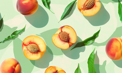 Wall Mural - Fresh Peaches and Green Leaves on a Light Background