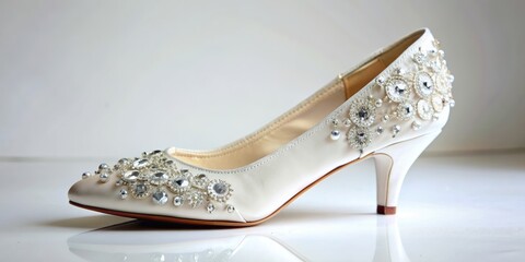 Elegant bridal shoe with diamond embellishments on a white background, bridal, shoe, diamond, composition, wedding