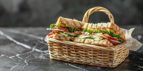 Poster - Sandwich in a Woven Basket on a Stone Surface