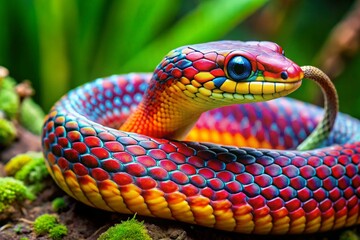 A colorful snake with a blue head and red and yellow stripes