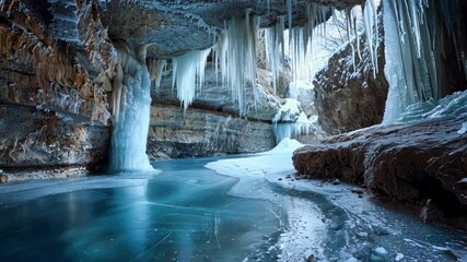 Canvas Print - Turquoise frozen lake reflecting icicles hanging from the ceiling of a cave. The rocky walls of the cave are covered with snow and ice