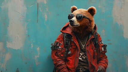 Wall Mural - surreal of punk outfit wearing bear in studio lighting