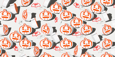 Pumpkins on white background. Pattern for cafe, menu, restaurant. 3d template background. Halloween. 3d render.