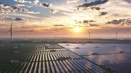 Poster - solar power station and wind turbines over sea