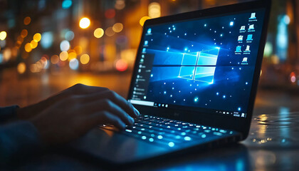 A man is typing on a Windows 10 laptop, working in a modern digital office environment.