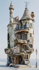 Wall Mural - A whimsical, fairytale-esque tower house with a crumbling facade and a stone foundation, against a clear sky.