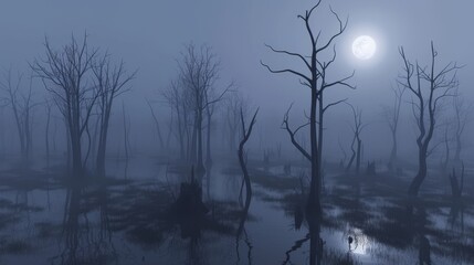 A haunting scene of a swamp under a full moon, shrouded in dense fog. Barren trees stand lifeless in the still waters, creating an eerie, mysterious atmosphere perfect for dark, moody themes.