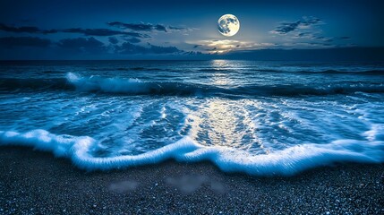 Moonlit ocean waves gently lapping at the shore under a night sky.