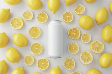 A white soda can surrounded by lemons