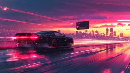 background with the image of a car driving in the background of the sun in purple tones, retrowave road