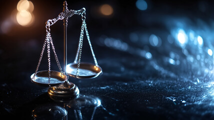 Elegant Bronze Scales of Justice on Reflective Surface with Dramatic Lighting and Bokeh Background