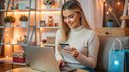 Beautiful young woman using laptop and holding credit card while sitting at home