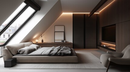 Wall Mural - A modern attic bedroom with a loft-style design. 