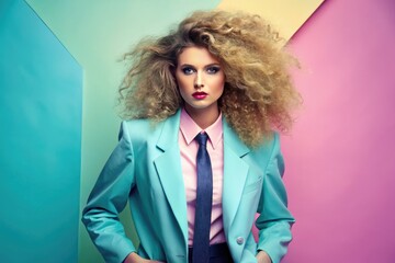 A vibrant young woman with big hair, oversized blazer, and skinny tie poses confidently against a pastel-colored background, epitomizing 1980s fashion excess.