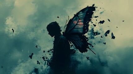 Surreal Butterfly in Emo Outfit with Dramatic Lighting and Moody Background