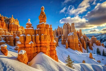 Sticker - Snow piles up at the base of a towering bright orange hoodoo creating a contrasting and visually striking landscape, wilderness,snow, base, beauty, hoodoo, cold, snowfall, national park