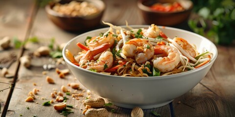 Wall Mural - Shrimp Pad Thai with Peanuts and Vegetables Served in a White Bowl on a Wooden Surface