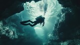 scuba diver circling a cave